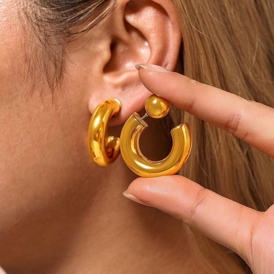 2 件 C 形金环耳环 - 简约风格，不锈钢首饰，适合女士日常佩戴不锈钢耳环 - 彩色 - 查看 1