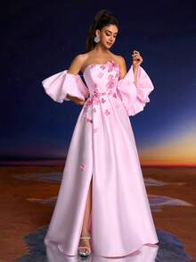女士优雅露肩礼服，3D 花卉装饰，侧开衩，适合晚会、礼服、婚礼宾客 - 粉色 - 查看 4