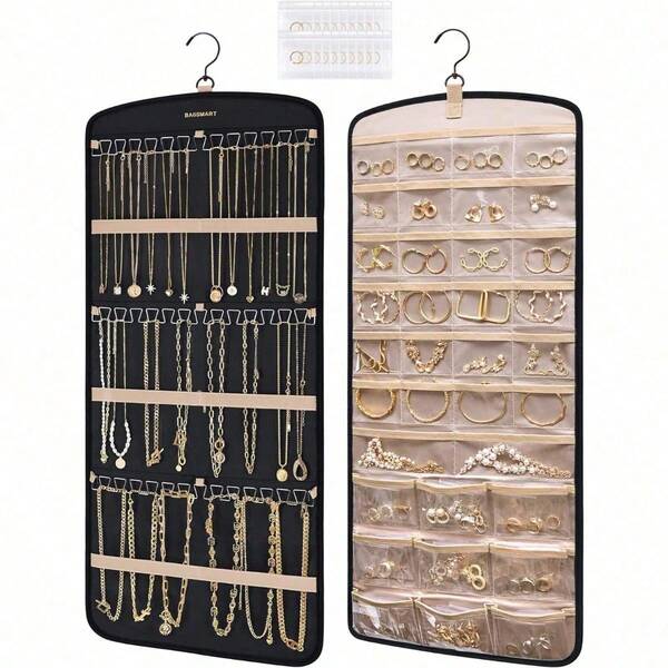 Hanging Jewelry Organizer, Necklace Holder Anti-Tangle Earrings Rings Hanger With 20 Jewelry Bags Travel Storage Roll With Pockets Hang On Closet, Wall, Door,1 Piece, Large, Black