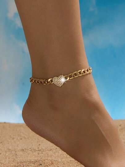 1pc European And American Beach Resort Style Rhinestone Heart Anklet, Suitable For Daily Wear And Travel