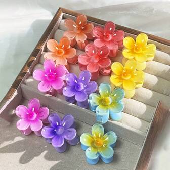 12 Cute Hair Claw Set, Crepe Color Jelly Bauhinia Non-Slip Hair Claw, Y2k Accessories Beach Accessories, Small Bauhinia Design Hair Claw For Girls To Party