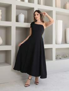 Helena Luxury Dune Linen Midi Dress With Bow On The Sleeve - Black - View 2