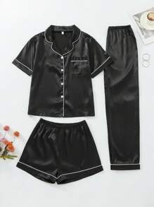 3 pièces Ensemble pyjama en satin unicolore élégant pour femmes - débardeur avec col châle boutonné, pantalon long et short, convient pour toutes les saisons