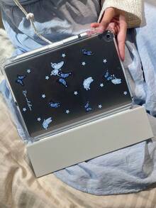 1pc Beautiful Blue Butterfly & Letter Printed Double Side Acrylic Transparent Crystal Protective Case, Compatible With IPad/, Supports Sleep/Wake Function - View 5