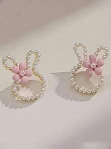 1 par de pendientes con forma de conejito con flor y diseño de perlas dulces, adecuado para uso diario, puede ser un regalo para días festivos, cumpleaños y Pascua