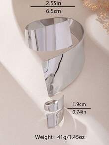 2 Stücke/Set silberfarbenes metallisches asymmetrisches geometrisches Armband & Ring Set, Vintage Luxus elegantes Modeaccessoire, geeignet als Geschenk, für Partys, Bankette und den täglichen Gebrauch - Silber - Übersicht 6