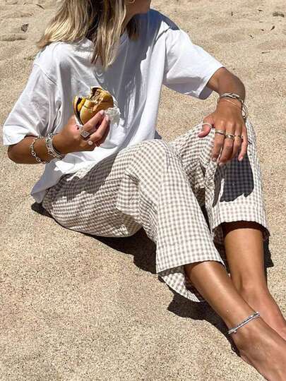 Women's Vintage Plaid Casual Pants Drawstring High Waist Straight Leg Trousers For Summer Daily Wear