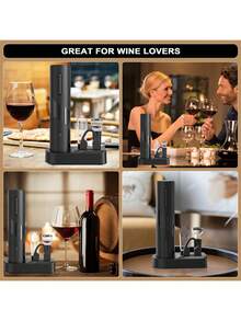 5-In-1 Electric Wine Bottle Opener Set, Rechargeable Cordless Corkscrew With Charging Base, Foil Cutter, Aerator Pourer, Wine Stopper - Black - View 5