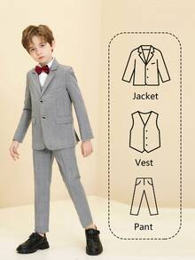 Boys Grid Suits 3-Pieces Suit Set Toddler Tuxedos Dresswear Ring Bearer Outfit Wedding Blazer Vest Pants Formal Suits For Kids Light Grey Size 6-16Y - Light Grey - View 6