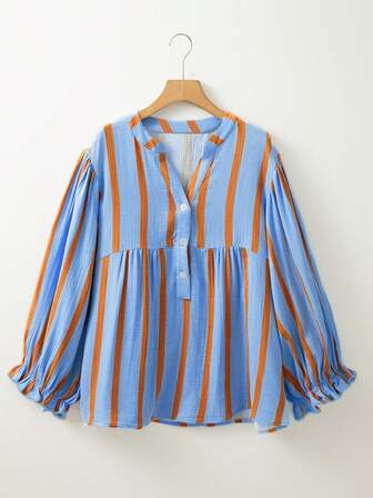 女士休闲条纹 V 领宽松衬衫，荷叶边袖口衬衫，度假装，复古简约风格，适合通勤和街头装