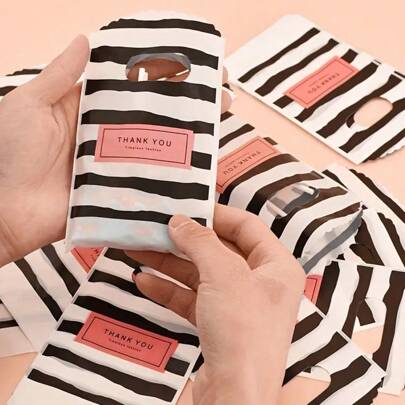 25/50/100 piezas Bolsas de regalo a rayas en blanco y negro con texto "Gracias" Bolsas de regalo a rayas en blanco y negro mini y lindas para envolver regalos de fiesta, día de la madre, regalos de maestros