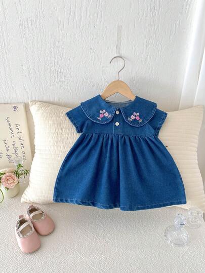 1 件装女婴户外百搭休闲短袖绣花领牛仔连衣裙，夏季