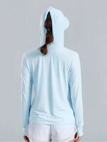 女士防晒紫外线夹克轻便户外夹克休闲长袖连帽夹克防晒紫外线全拉链上衣 - 淺藍色 - 查看 3