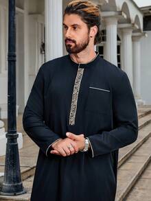 1pc Men's Casual Long Sleeve Asymmetrical Striped Collar Classic Simple Quality Polyester Fabric Solid Black Stand Collar Arab Robe - Black - View 3