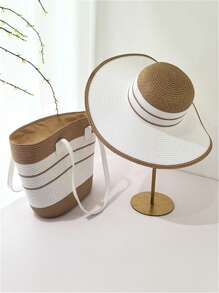 Tropiscape 草帽+草编包套装,女士彩色条纹草帽和手提包,适合夏季波西米亚风海滩度假,1顶时尚宽檐防晒帽,可折叠设计,1个带手机和储物隔层的手提包,适合户外休闲旅行和日常搭配,秋季圣诞节冬季圣诞礼物
