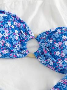 Conjunto de bikini de 2 piezas, estampado floral disperso y con espalda anudada, traje de baño para vacaciones en la playa