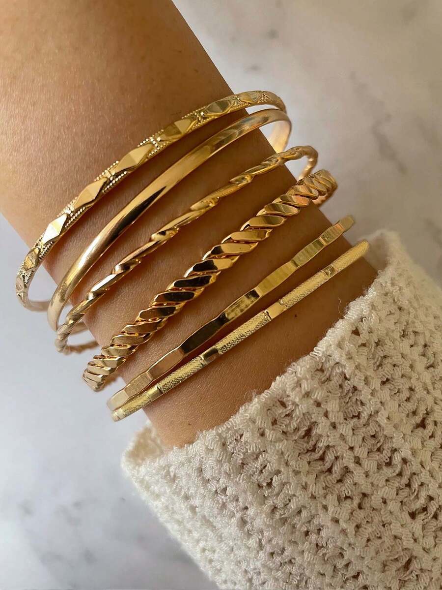 6pcs Minimalist Pentagram Bangle Bracelet Set For Women, Suitable For Daily Wear - Yellow Gold - View 1