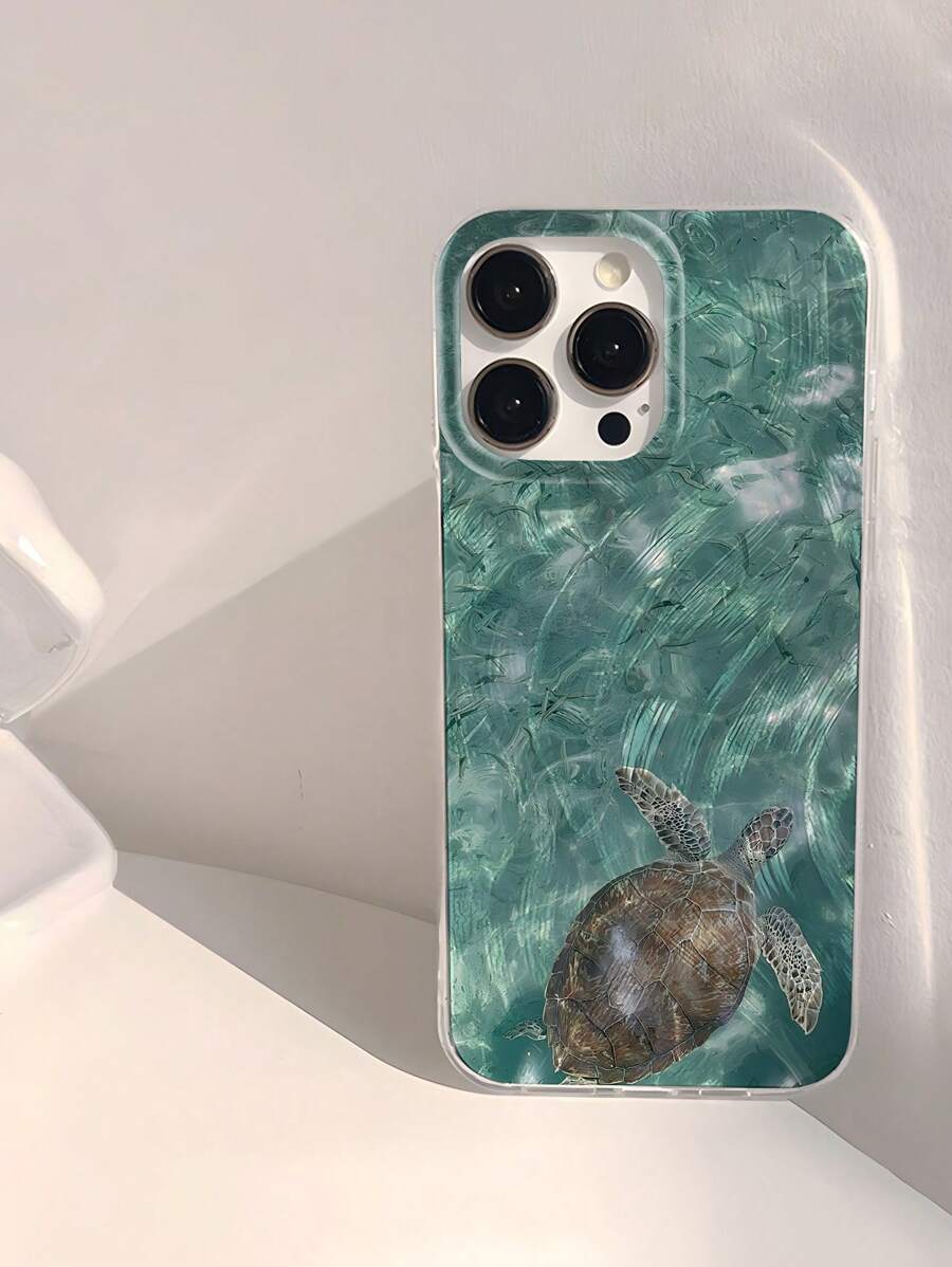 1pc Summer Cool Turtle & Beach Printed IMD Soft TPU Glossy Smooth Phone Case, Clear Waterproof & Scratch-Resistant