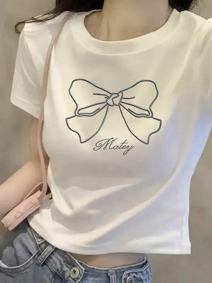 日式风格女式短袖圆领休闲蝴蝶结印花修身 T 恤，春夏 - 白色 - 查看 1