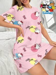 Sanrio Vestido de dormir casual de verano para mujer con cuello redondo y manga corta, estampado con Hello Kitty en color rosa