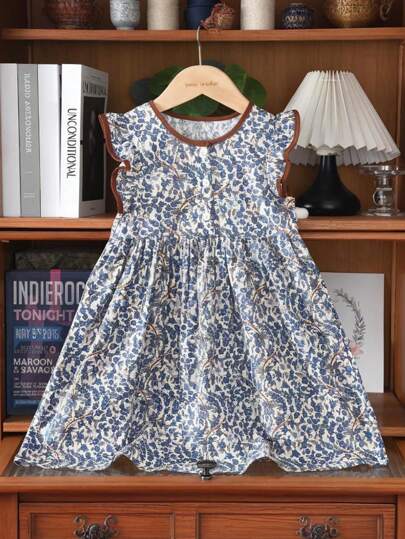 Young Girl Cute Floral Print Frill Cap Sleeve Mori Style Dress With Ruffle Hem, Summer