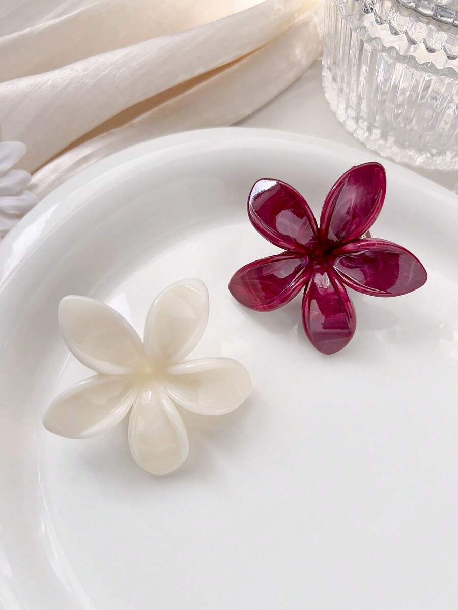 2 Pc Set Boho Style Beige & Wine Red Spring Summer Marble Daisy Flower Hair Clips Small Hair Accessories - Multicolor - View 1
