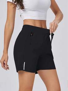 2pcs Women's Solid Color Casual Sports Shorts, With Zipper Pockets And Prints, Suitable For Summer Running, Fitness, Daily Wear And Outdoor Activities - Grey - View 6