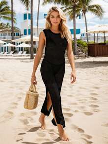 tooluck Womens Swimsuit Cover Up Sleeveless Hollow Knit Bikini Swimwear Bathing Suit Coverup Crochet Beach Dress Black - 黑色 - 查看 5