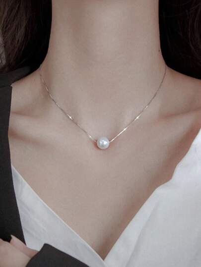 1pc Minimalist Single Faux Pearl Necklace, Elegant Bridal Necklace Accessories