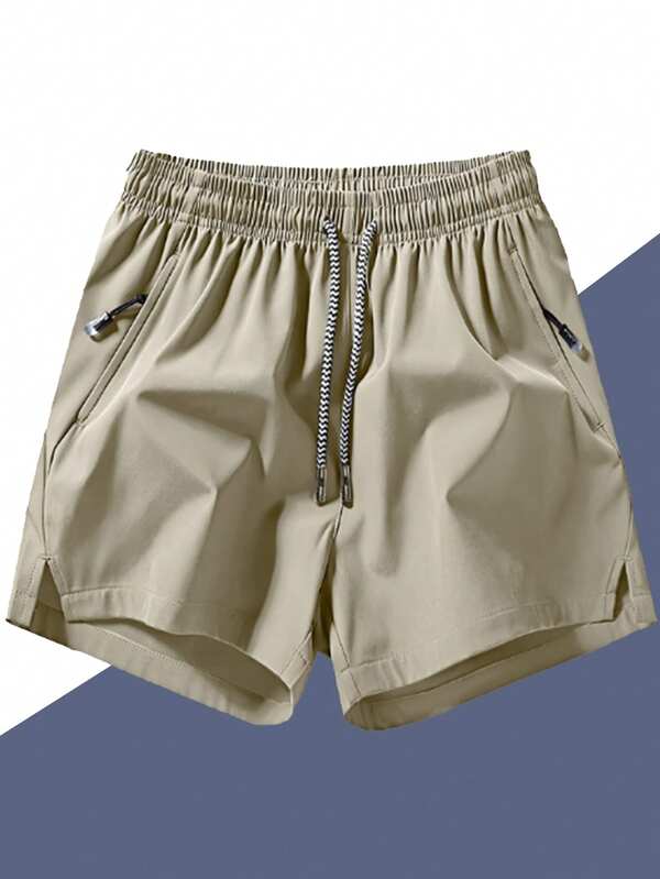 Men's Anti-Lost Zipper Pocket Drawstring Waist Sports Shorts
