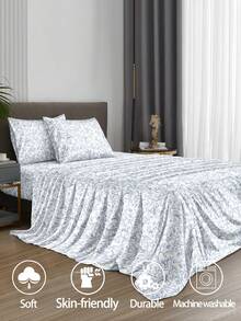 4pcs/Set Blue Plum Blossom Branch Flower Pattern Sheet Set Easy Care Microfiber Soft Bedding Set Floral Fitted Sheet Set (1pc Flat Sheet+1pc Fitted Sheet+2pcs Pillowcases) Fitted Sheet Set King Queen Full TWIN SIZE Sheet Deep Pocket Up To 11.8 Inch Pillowcase, Soft Breathable Wrinkle-Free Better For Sleep, Luxury Hotel Style, Gift For Mom Dad Friend