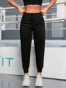 1pc Women Outdoor Sports Casual Sweatpants With Drawstring Pocket, Elastic Solid Color Leisure Pants For Running Cycling - Black - View 3