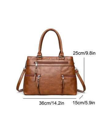 1pc Women's Solid Retro Brown Tote Bag, Large Capacity Multi-Zipper Pockets Handbag, PU Dual Handle Portable Outdoor Casual Business Versatile Shoulder Bag, Stitching Anti-Theft Crossbody Bag