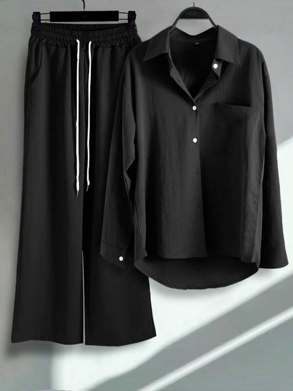 2pcs/Set Women Fashion Button-Up Shirt And Drawstring Pants Suit