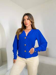 Women's Long Sleeve Shirt In Dune Fabric With Button Launch 2023 - Royal Blue - View 3