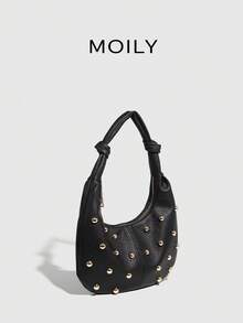 Fashionable Rivet Punk Style Knot Shoulder Crescent Bag , Punk - Black - View 4