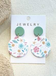 1 Pair Women Elegant Cute Floral & Grass Print Random Pattern Acrylic Round Dangle Earrings, Ceramic Texture