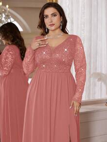 Plus Size Deep V-Neck Sequin Floral Lace Contrast Color Chiffon Slit Maxi Dress, Elegant Formal Gown For Prom, Wedding Guest, Valentine's Day, Graduation Ceremony, Banquet, Homecoming, Holidays - Dusty Pink - View 8