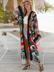 Kimono de manga larga con abertura delantera, estilo bohemio, de talla grande, con estampado vibrante, ligero y transparente como cubrebotas de playa, de tela de poliéster sin elástico, prenda exterior casual para mujer para vacaciones