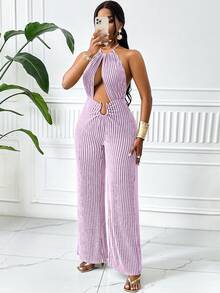 女士条纹纹理优雅露背镂空金属装饰扣连体裤