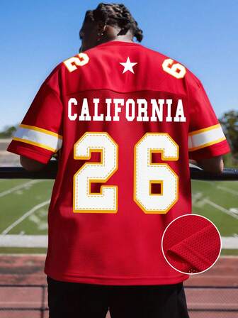 Shwiy 男式大学运动队明星拼布球衣，红色短袖 26 加州印花 V 领，金色胶带，网眼撞色篮球球衣款式 T 恤，适合学校、足球比赛礼物