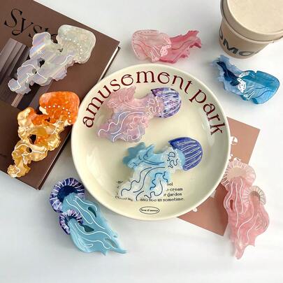 Kẹp tóc hình sứa bằng nhựa acetate, kẹp tóc hình sứa hoạt hình dễ thương theo phong cách Hàn Quốc, kẹp tóc màu Dopamine, phụ kiện tóc cài sau gáy.