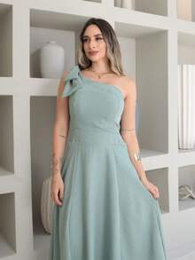 Helena Luxury Dune Linen Midi Dress With Bow On The Sleeve - 薄荷綠 - 查看 6