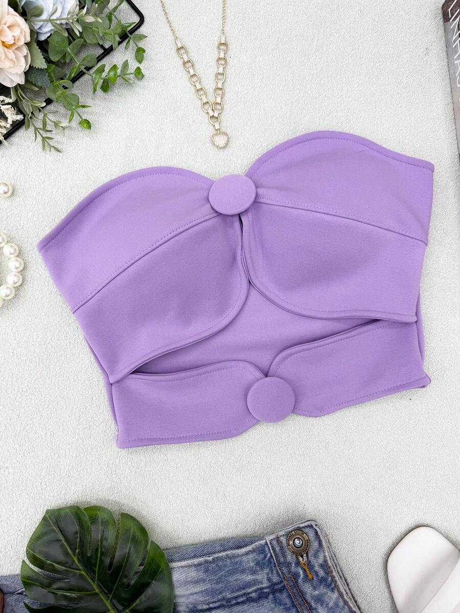 ELLIE Women's Strapless Crop Top With Button Details - 紫丁香色 - 查看 1