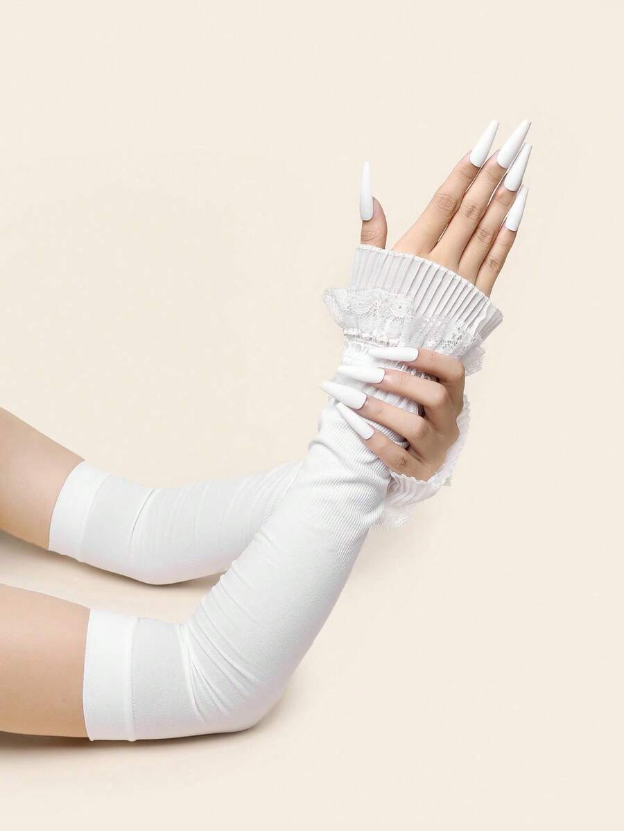 1 Pair Women's Arm Fishnet Gloves, Retro Black Long Length, Rhinestone Decor, Elastic, UV Protection, Summer, Formal/Party Accessory - White - View 1