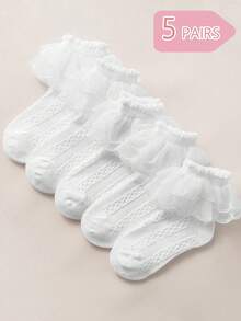 1/5 pares de calcetines blancos con volantes y encaje para niñas, calcetines de malla transpirables de estilo princesa, regalo para la escuela/recital de baile/cumpleaños en primavera/verano - Blanco - Ver 5