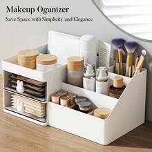 化妆收纳盒适用于梳妆台浴室桌面化妆品收纳盒，带抽屉，可存放口红、刷子、乳液、眼影、展示盒桌面收纳盒，带透明抽屉，大容量化妆刷收纳盒适用于浴室桌面，别致的抽屉式化妆品收纳盒带镜子便携式化妆品收纳盒，可存放护肤品、口红等 - 彩色 - 查看 3