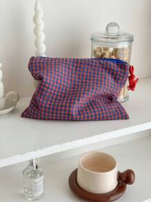 Bolsa de maquillaje con estampado de cuadros en contraste, bolsa con cremallera de tela suave, bolsa de almacenamiento con patrón de cuadros minimalista, versátil para el hogar, viajes, artículos esenciales para mujeres, artículos esenciales para viajes, bolsa de viaje, accesorios de viaje, suministros escolares de vuelta al colegio y regalos de graduación