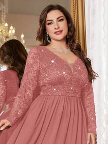 Plus Size Deep V-Neck Sequin Floral Lace Contrast Color Chiffon Slit Maxi Dress, Elegant Formal Gown For Prom, Wedding Guest, Valentine's Day, Graduation Ceremony, Banquet, Homecoming, Holidays - Dusty Pink - View 9