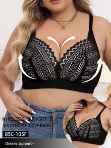 Plus Size Women Lace Fashion Wireless Gather Bra - Black - View 4